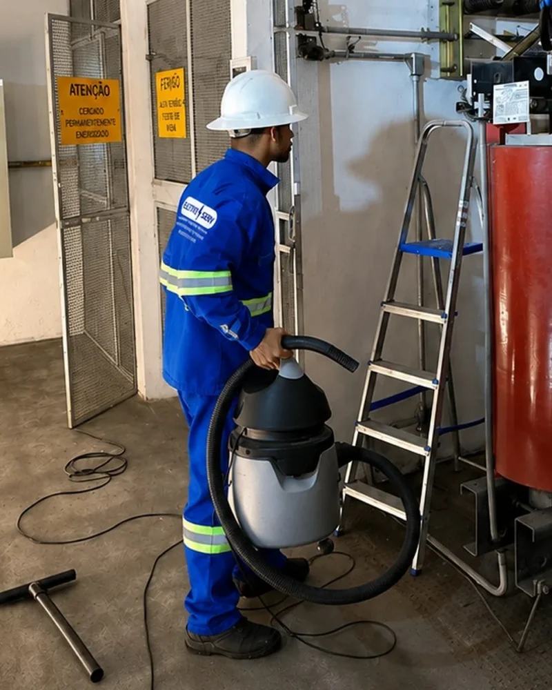Dois técnicos uniformizados realizam limpeza em transformador a seco dentro de sala de subestação, um deles usando aspirador industrial.