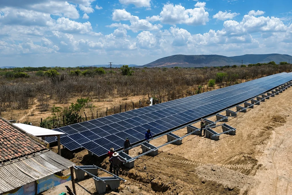 Vista aérea de equipe instalando painéis solares sobre estrutura no solo, em área rural com vegetação de caatinga e montanhas ao fundo