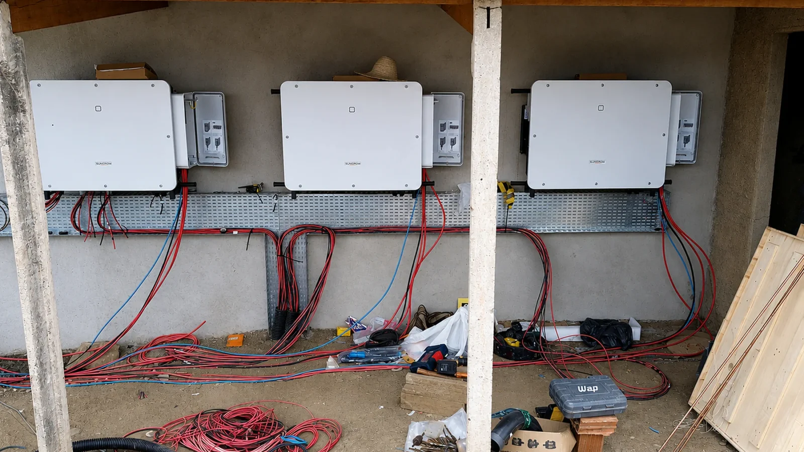 Três inversores solares brancos montados em parede de obra, com cabeamento elétrico organizado e ferramentas de instalação ao fundo