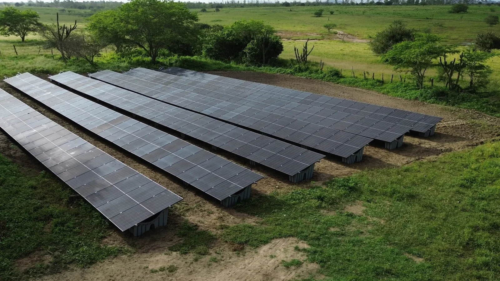Vista aérea de usina fotovoltaica com painéis solares instalados sobre estrutura em solo, cercada por vegetação verde
