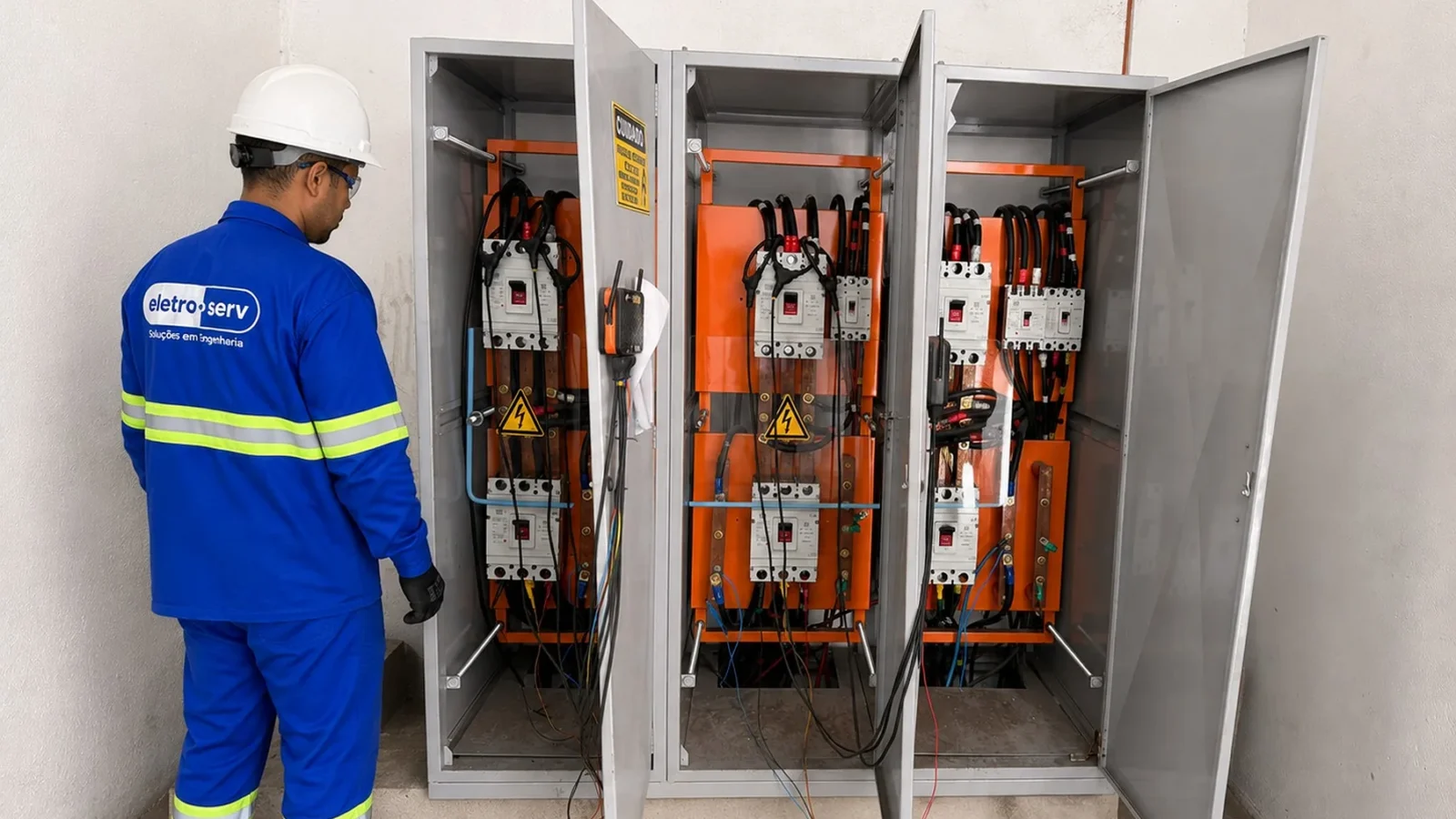 Técnico uniformizado inspeciona painel elétrico industrial com disjuntores e barramentos, em ambiente interno.