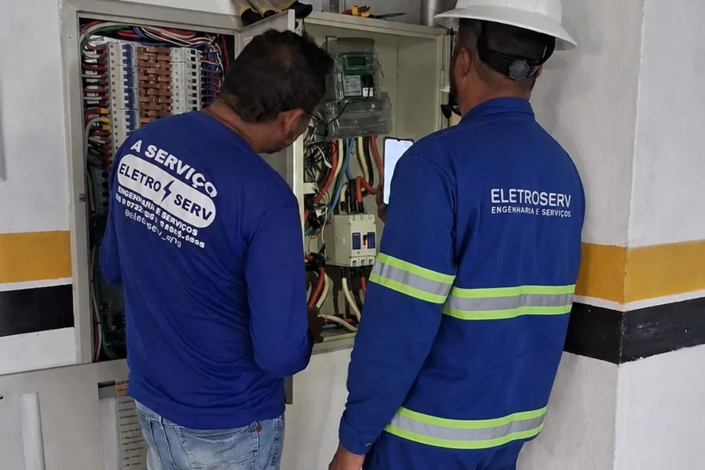 Dois técnicos uniformizados observam quadro elétrico aberto, um deles consultando informações no celular.