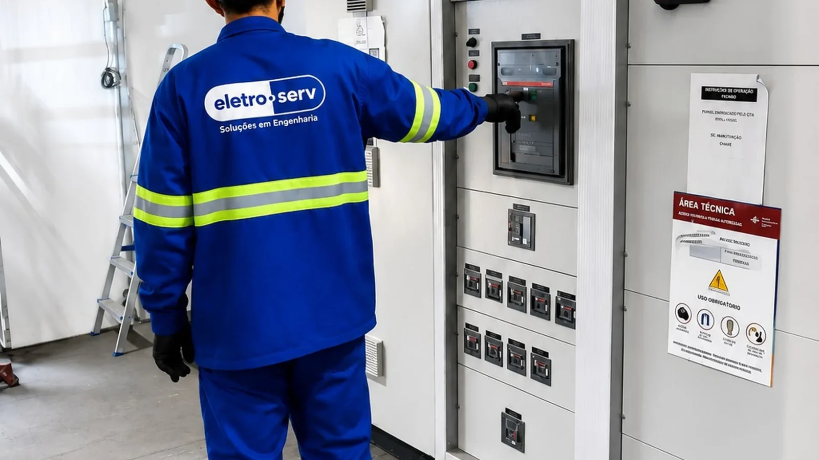 Técnico uniformizado aciona disjuntor em painel elétrico de subestação, junto a isoladores fixados na parede.