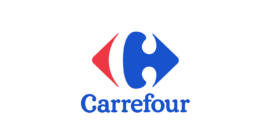Logotipo da rede Carrefour, com símbolo em vermelho e azul e o nome da marca em azul.