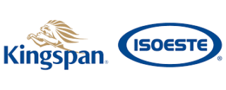 Logotipos das marcas Kingspan e Isoeste lado a lado, em tons de dourado e azul.