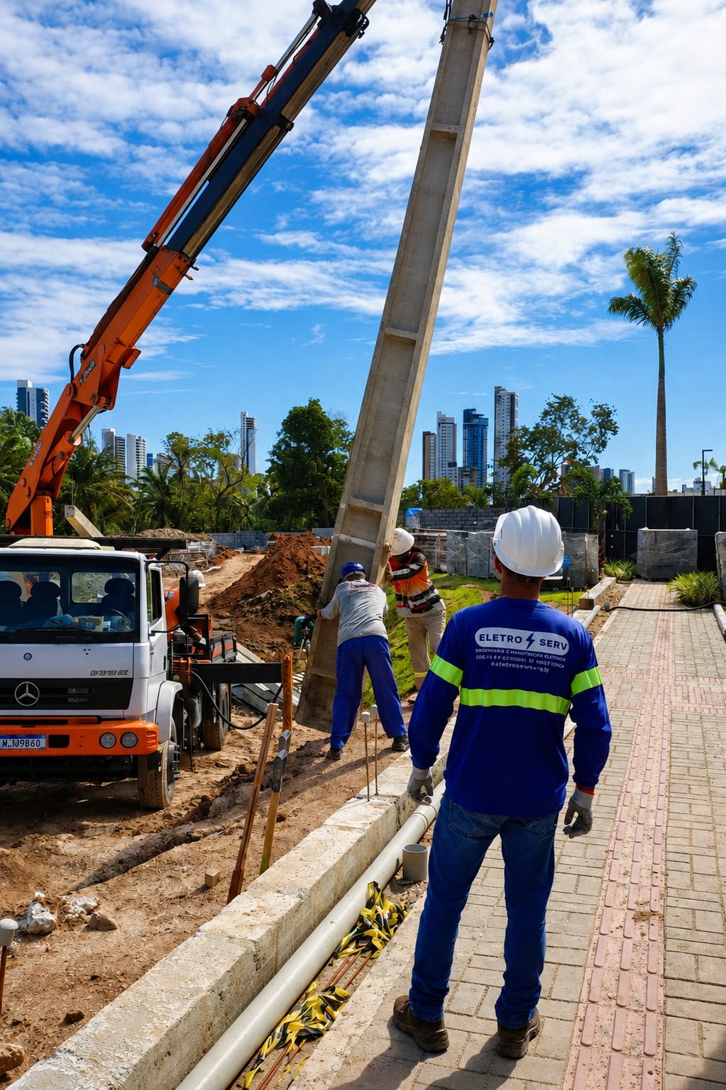 Técnico da Eletroserv observa de costas enquanto equipe posiciona poste de concreto com auxílio de caminhão munck em canteiro de obras, com prédios ao fundo.