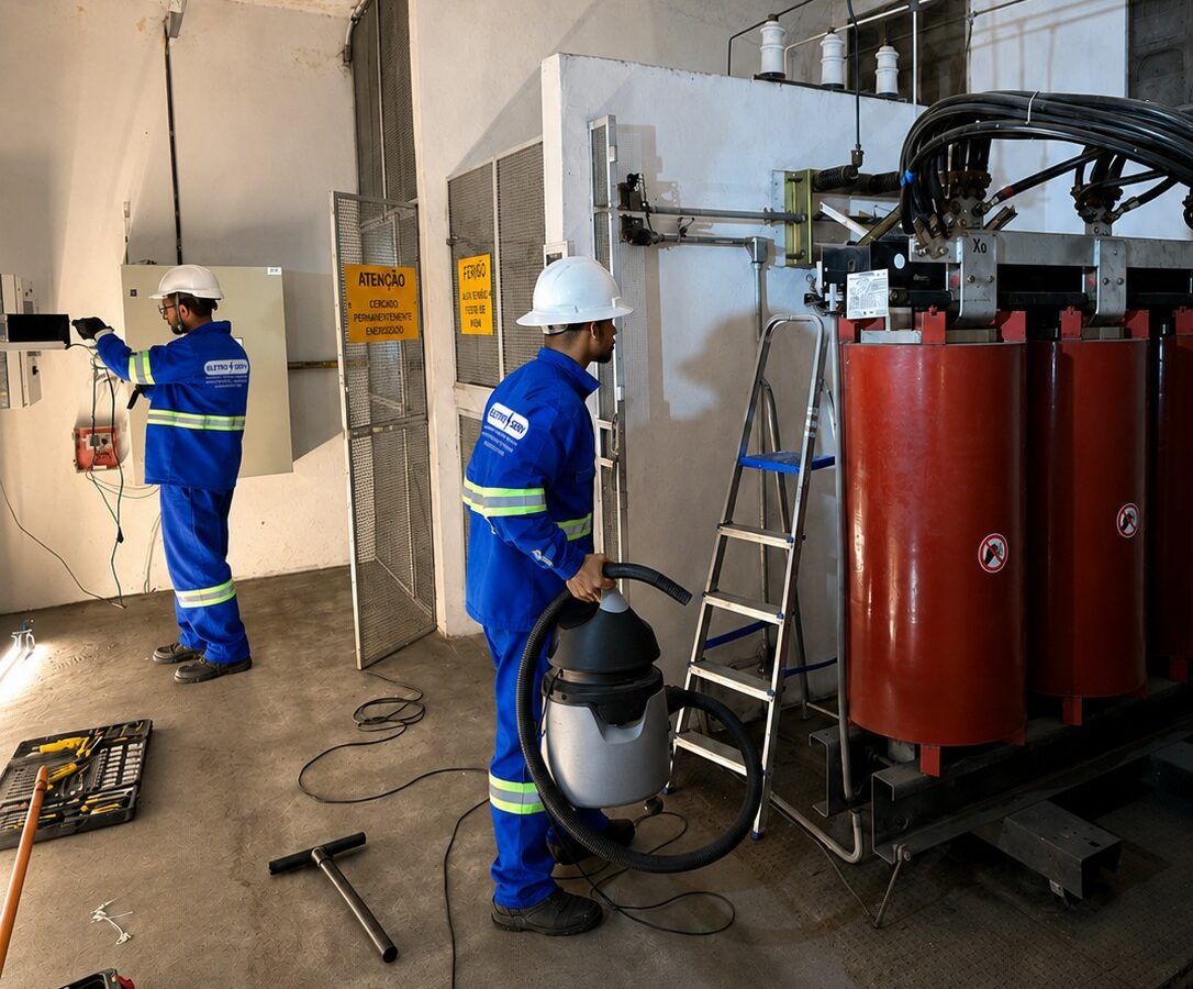 Dois técnicos uniformizados realizam limpeza em transformador a seco dentro de sala de subestação, um deles usando aspirador industrial.