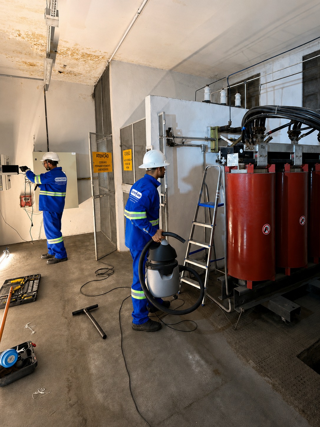 Dois técnicos uniformizados realizam limpeza em transformador a seco dentro de sala de subestação, um deles usando aspirador industrial.