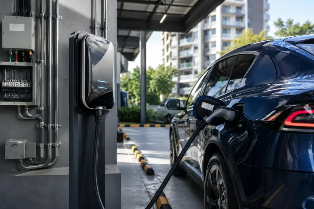 Estação de recarga para veículo elétrico instalada em garagem com automóvel conectado ao carregador