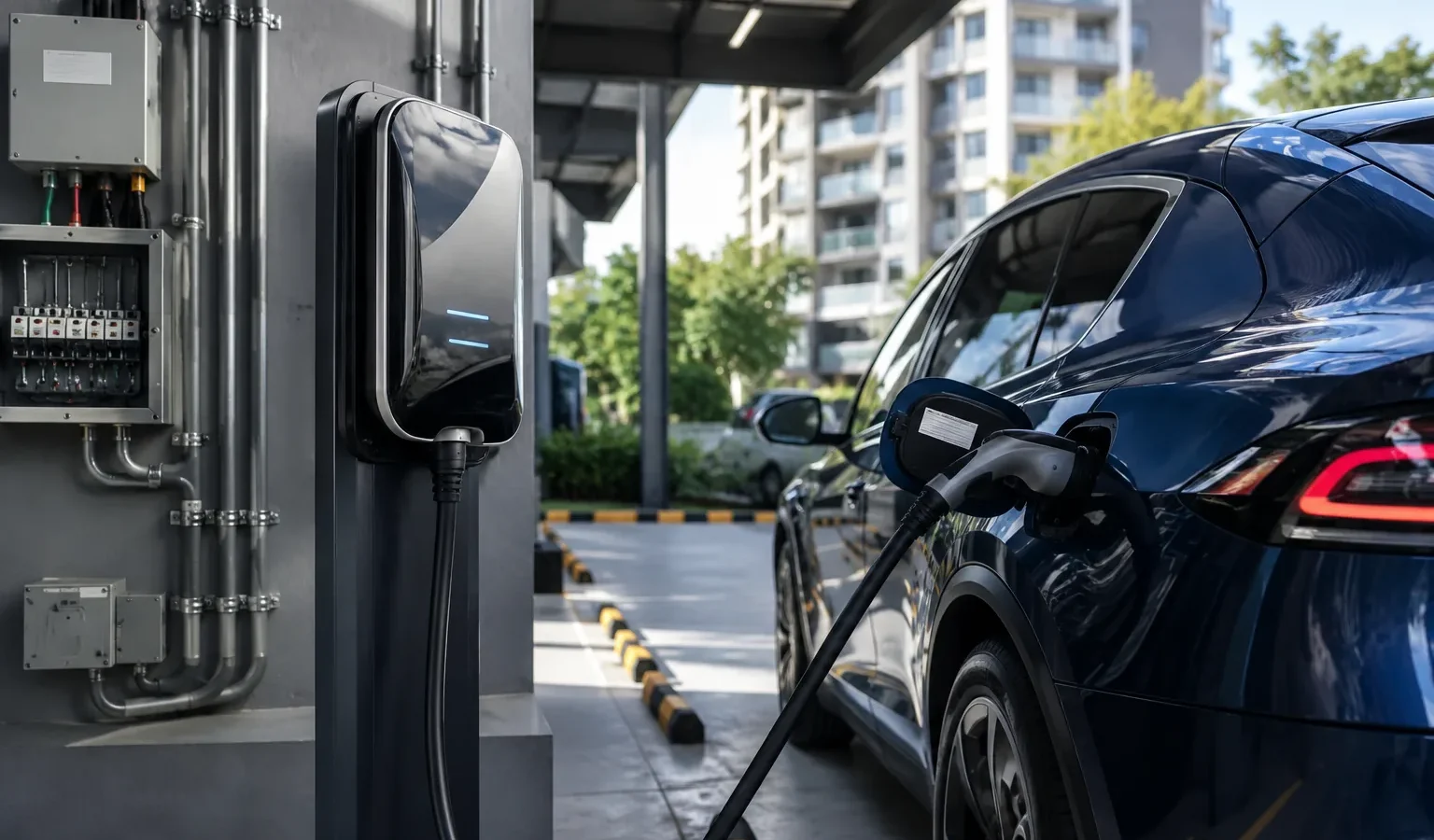 Estação de recarga para veículo elétrico instalada em garagem com automóvel conectado ao carregador