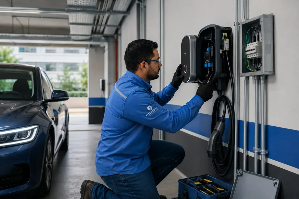Técnico da Eletroserv instalando carregador para veículo elétrico em garagem, com infraestrutura elétrica e veículo ao lado