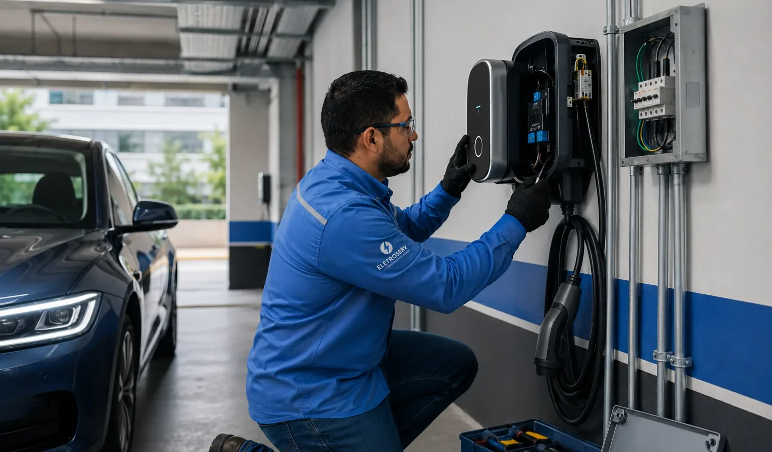 Técnico da Eletroserv instalando carregador para veículo elétrico em garagem, com infraestrutura elétrica e veículo ao lado